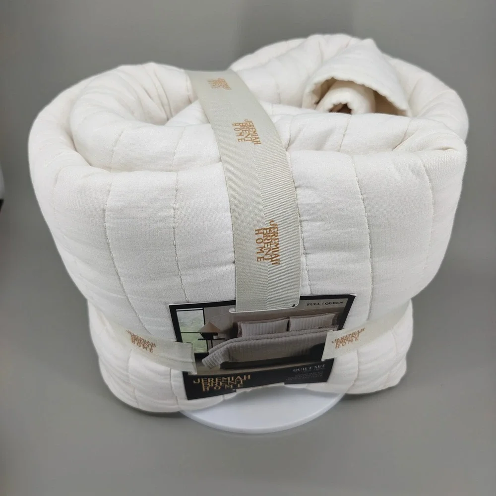 Jeremiah Brent Home Full Queen Quilt‎ Set Cream Vertical Rice Stitch 3pc